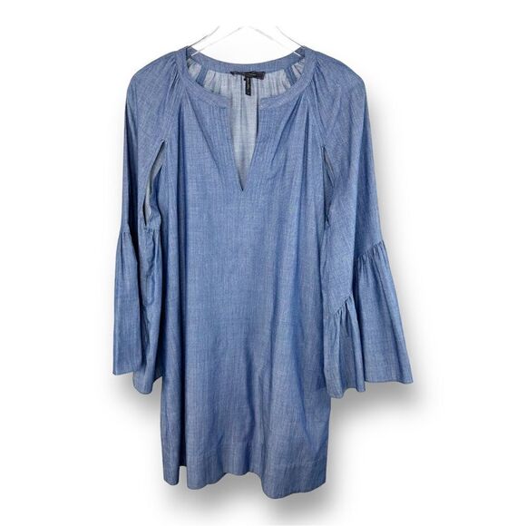 BCBG Maxazria Ajax Blue Chambray Mini Full Shirtdress Bell‎ Sleeve Small - Picture 3 of 15
